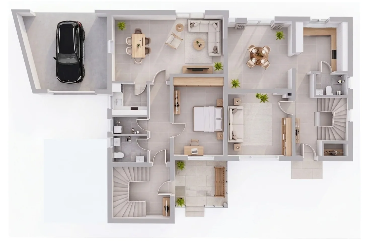 Nachher: Möblierter 3D-Grundriss eines Doppelhauses mit Garage, Wohnbereich und Küchen. 3D-Grundriss von Stagingwerk, mit KI erstellt.