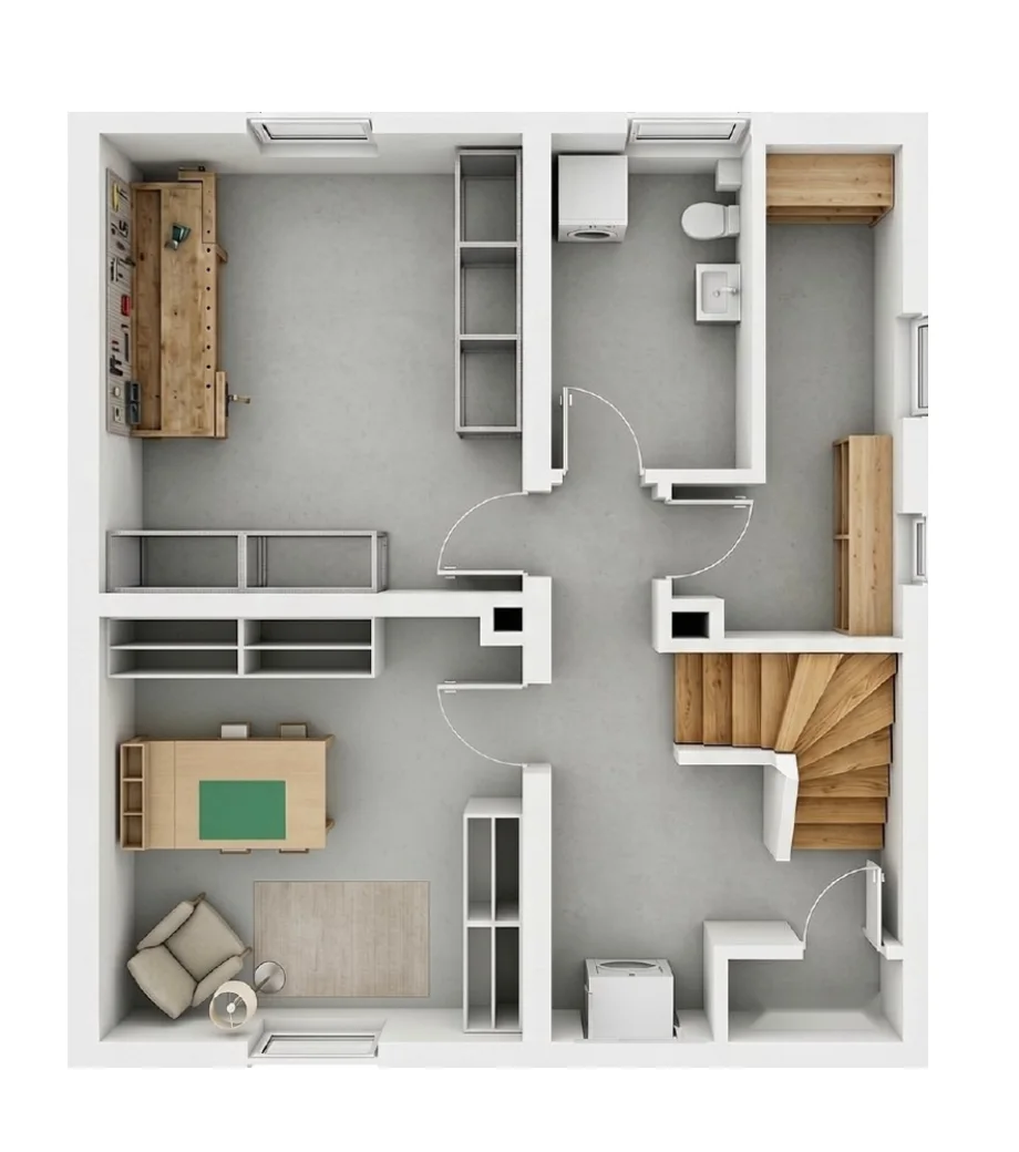 Nachher: Möblierter 3D-Grundriss eines Kellergeschosses mit Werkbank, Regalen und Hobbyraum. 3D-Grundriss von Stagingwerk, mit KI erstellt.