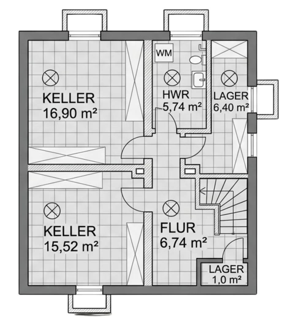 Vorher: 2D-Grundriss eines Kellergeschosses mit Kellerräumen, Hauswirtschaftsraum und Flur.
