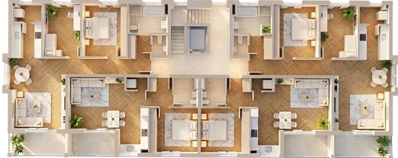 Nachher: Möblierter 3D-Grundriss eines Mehrfamilienhauses in Villingen-Schwenningen. 3D-Grundriss von Stagingwerk, mit KI erstellt.