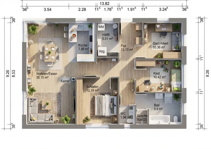 Nachher: Möblierter 3D-Grundriss einer 3-Zimmer-Wohnung in Hechingen. 3D-Grundriss von Stagingwerk, mit KI erstellt.
