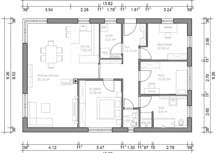 Vorher: 2D-Grundriss einer 3-Zimmer-Wohnung in Hechingen mit Bemaßung.