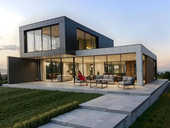 Nachher: Fotorealistisches Rendering eines modernen Einfamilienhauses in Überlingen aus einer Skizze. Fotorealistisches Rendering von Stagingwerk, mit KI erstellt.