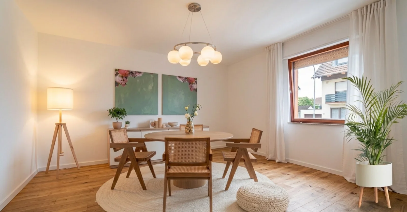 Nachher: Virtuell saniertes Esszimmer in Stuttgart mit rundem Esstisch, Rattanstühlen und Eichenparkett. Virtuelle Sanierung von Stagingwerk, mit KI erstellt.
