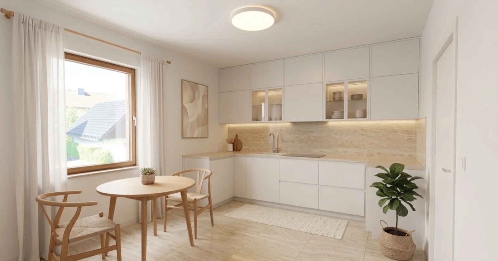 Nachher: Virtuell sanierte Küche in Stuttgart mit weißer Einbauküche, Natursteinrückwand und Essplatz. Virtuelle Sanierung von Stagingwerk, mit KI erstellt.