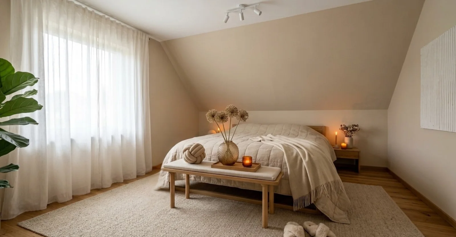 Nachher: Virtuell saniertes Schlafzimmer mit Dachschräge in Stuttgart, eingerichtet in warmen Naturtönen. Virtuelle Sanierung von Stagingwerk, mit KI erstellt.