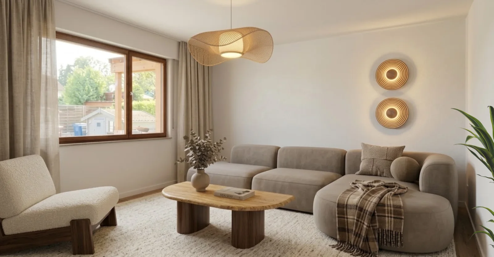 Nachher: Virtuell saniertes und eingerichtetes Wohnzimmer in Stuttgart mit Sofa, Sessel und Holzboden. Virtuelle Sanierung von Stagingwerk, mit KI erstellt.
