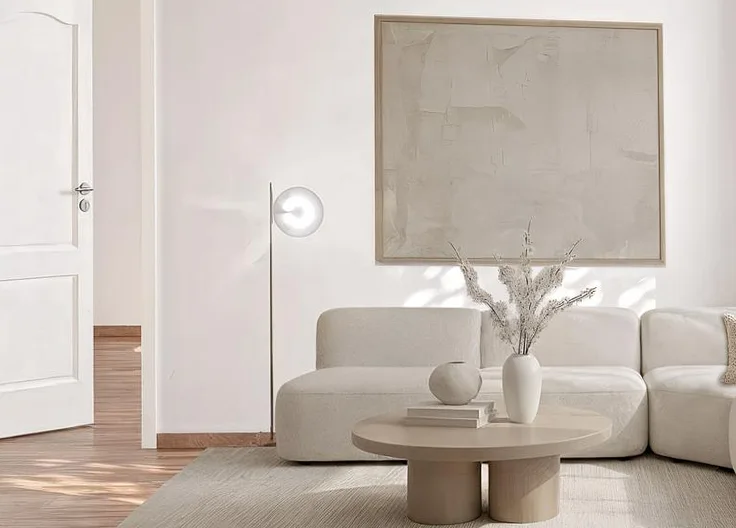 Nachher: Virtuell eingerichtetes Wohnzimmer in Balingen mit Sofa, Couchtisch und Wandbild. Virtuelles Home Staging von Stagingwerk, mit KI erstellt.