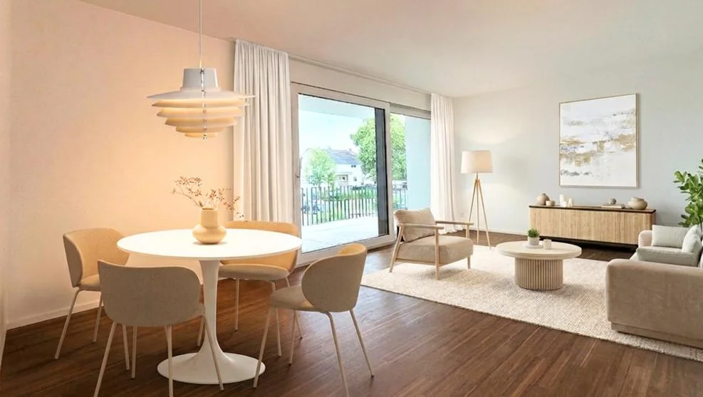 Nachher: Virtuelles ReDesign einer 3-Zimmer-Wohnung in Dußlingen mit Essplatz und Wohnbereich. Virtuelles Home Staging von Stagingwerk, mit KI erstellt.