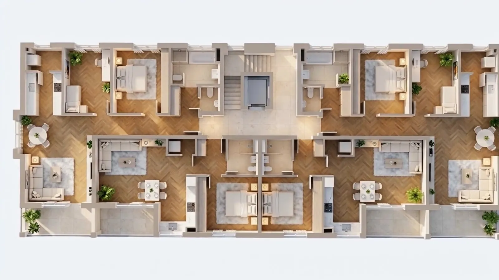 Fotorealistischer, möblierter 3D-Grundriss in der Draufsicht, aus einem 2D-Grundriss mit KI erstellt