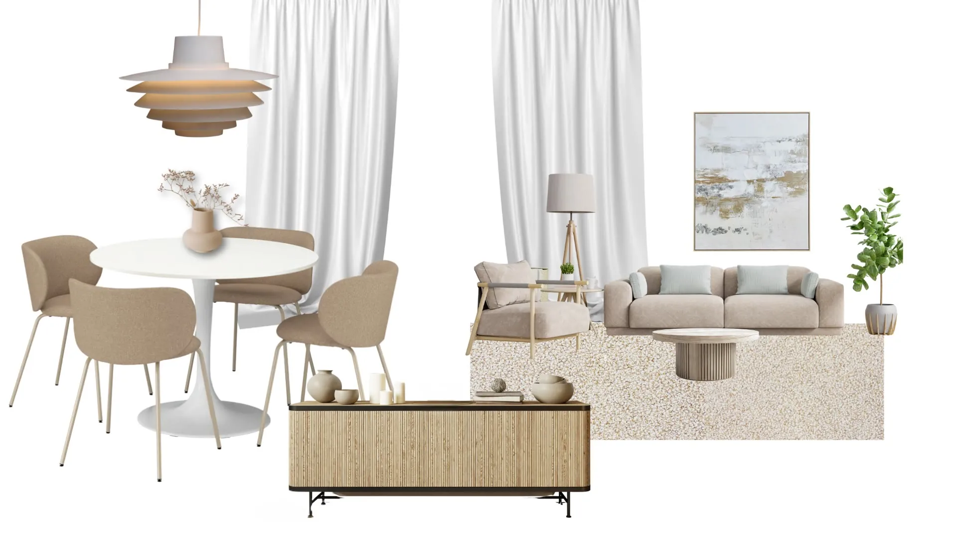 Moodboard mit kuratierter Möbel-, Farb- und Materialauswahl für das virtuelle Home Staging eines Wohnraums